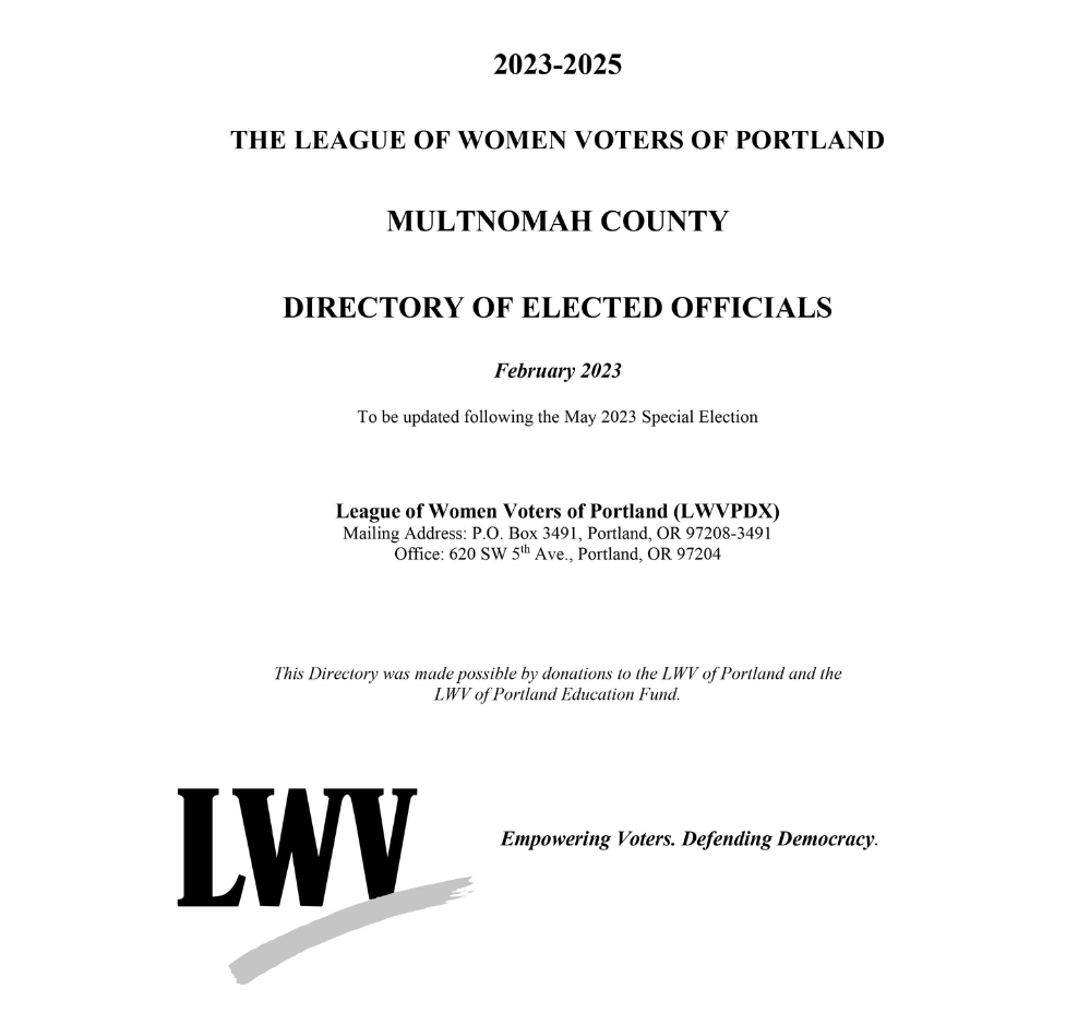 Cover for the 2023-2025 Directory of Elected Officials by the League of Women Voters of Portland