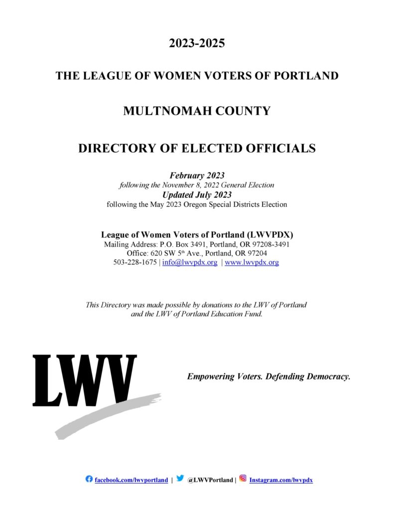 A page describing the contents of a document as the updated list of the Directory of Elected Officials